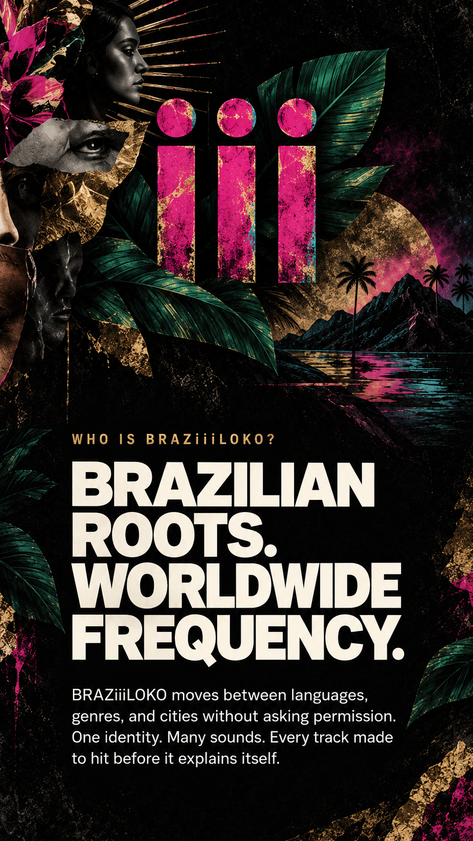 Pink lowercase iii amid tropical leaves, gold textures and a collage of portraits.