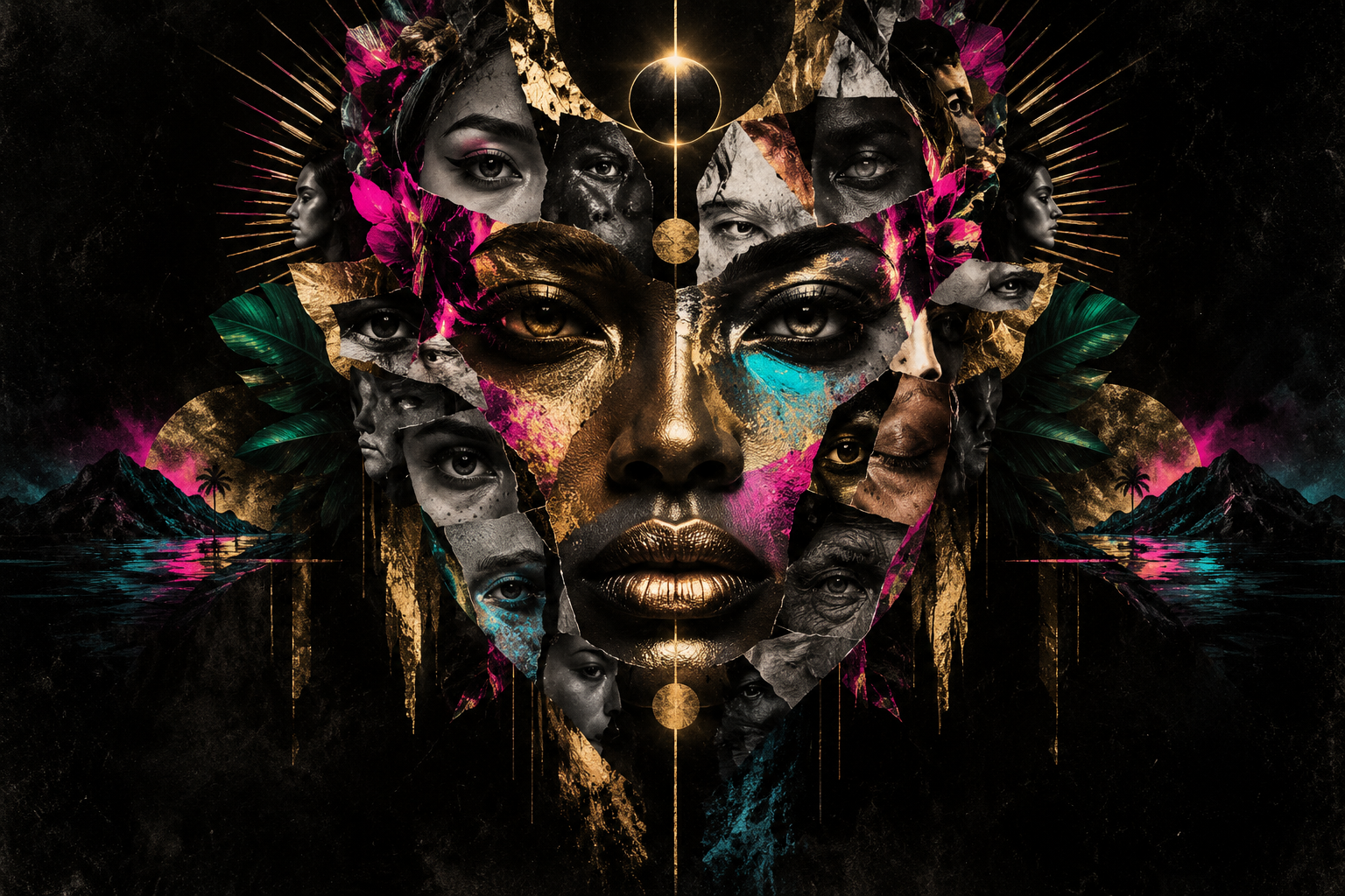 Surreal gold, magenta and cyan mosaic portrait